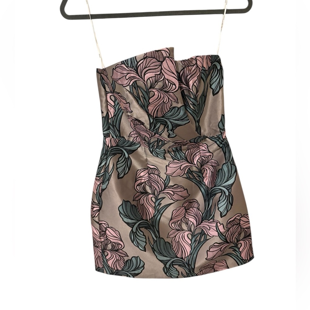 Elliatt Strapless Floral Jacquard Mini Dress in Pink and Green on Taupe
